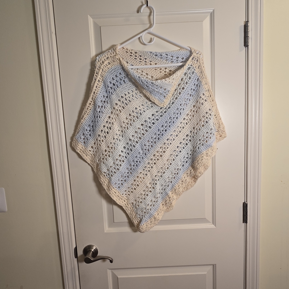 Elegant Cream and Blue Women's Sweater Poncho